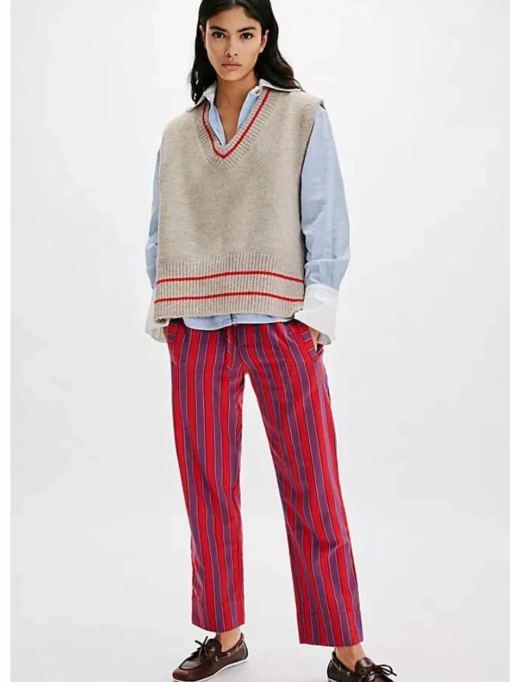 Free People Marielle Pull-On Pants Straight-Leg Red & Purple Stripe Size Medium